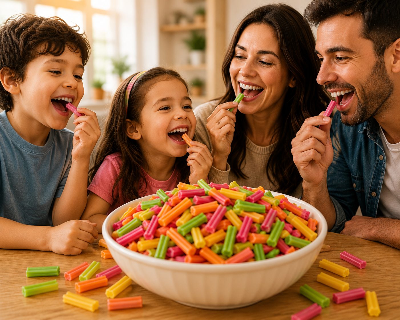 Children and adults eating rainbow mini fruit sticks