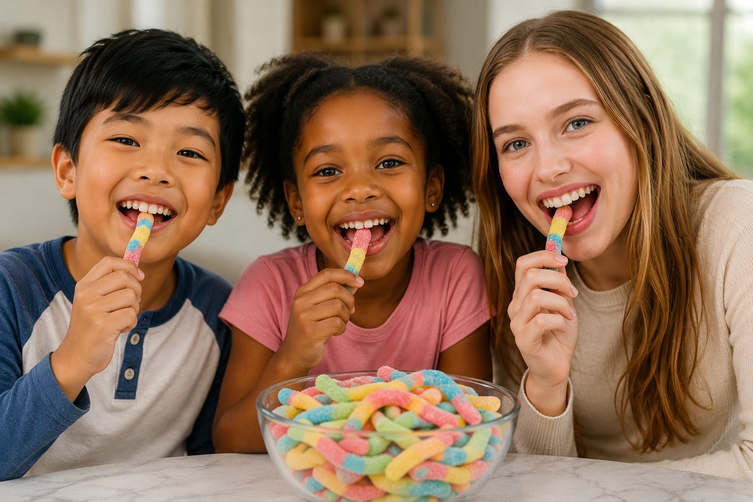 Children and teenager eatiing Gummy sour worms
