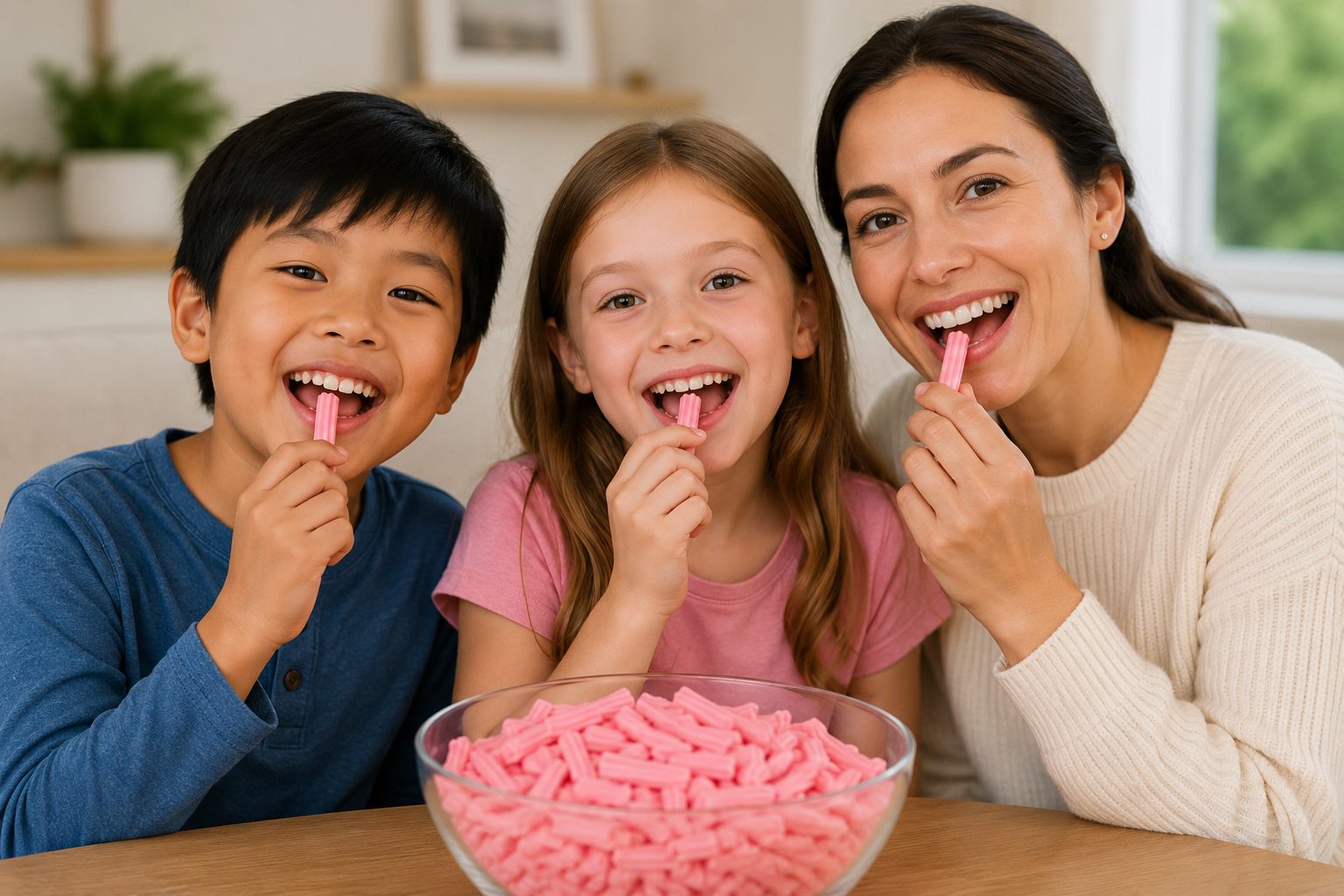 Children and adult eating Musk pink sticks