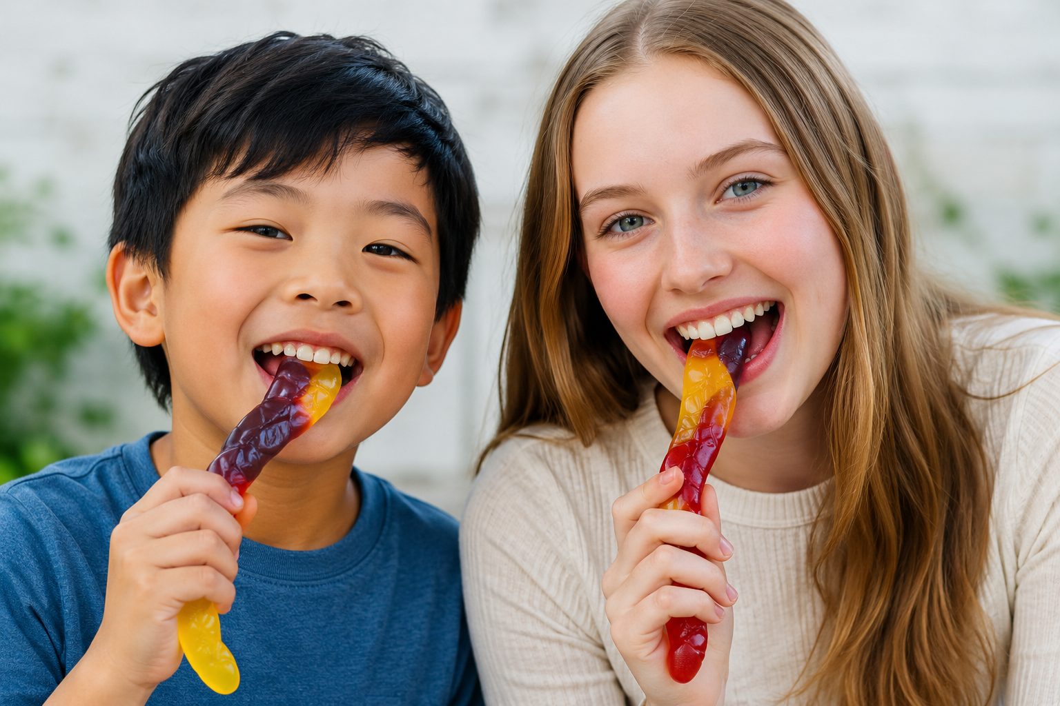 Child and teenager biting into Killer Python lollies