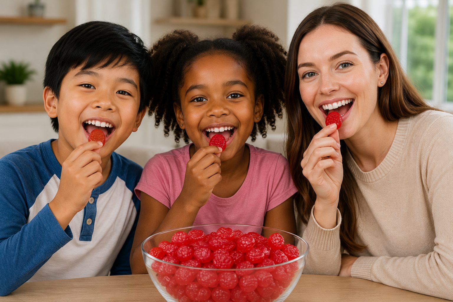 Children and Adult eating raspberries lollies