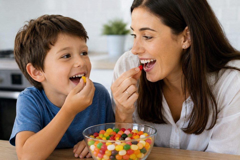 Child and Adult enjoying some Jelly Beans