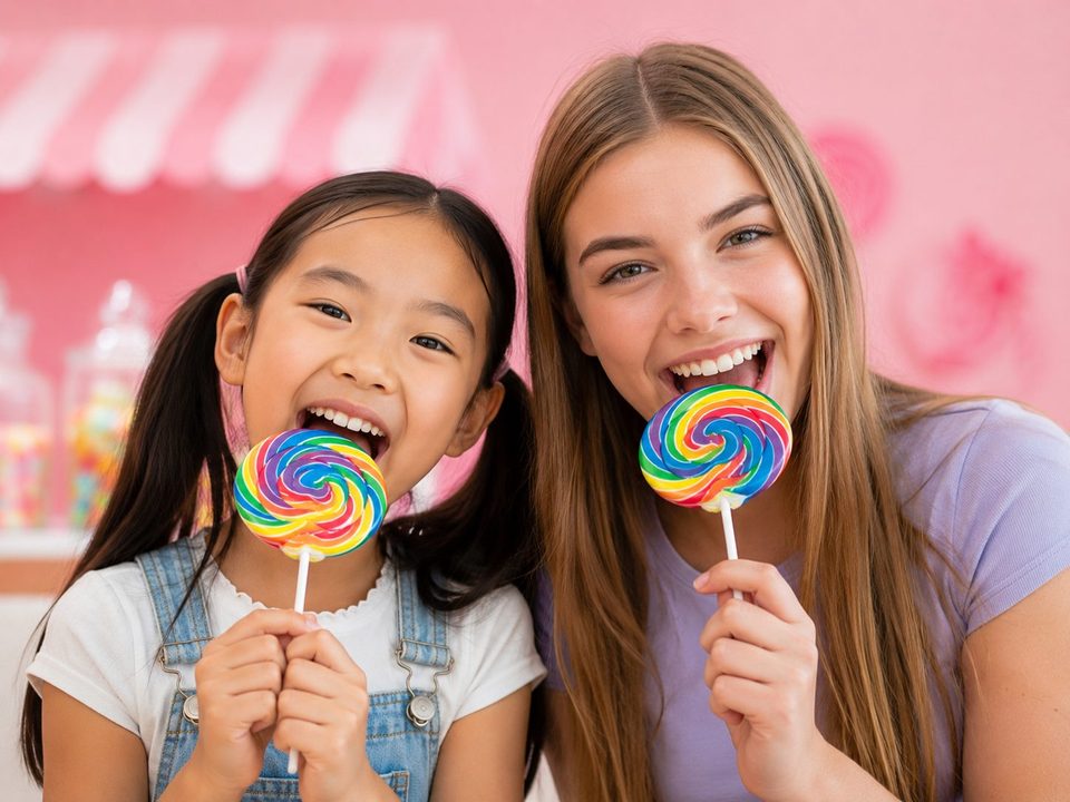 Young girl and teenager eating the Swirl Lolly Pop Rainbow (Large)