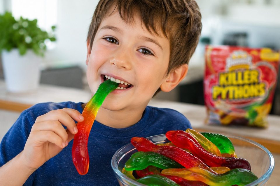 Child smiling and biting into a Killer Pythons lolly
